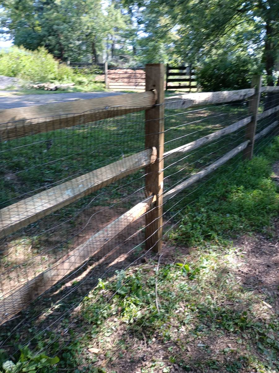 Three-rail wood fence with wire mesh